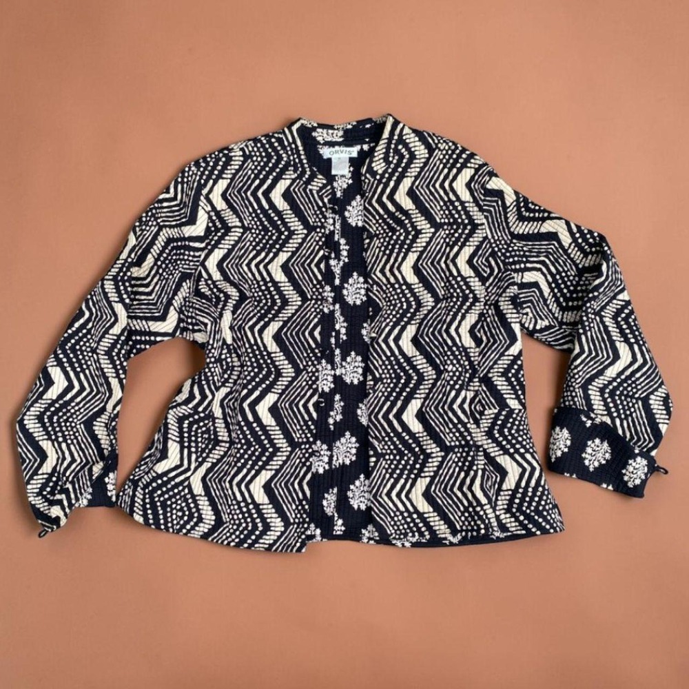 Orvis Reversible Quilted Block Print Jacket XL Boho Cottagecore Artsy